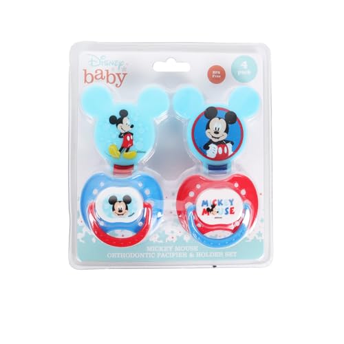Image of Disney Cudlie Mickey Mouse Baby Boy 4 Pack of 2 Pacifiers & 2 Clips with Old Time Mickey Print