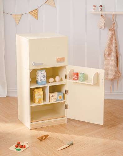 ROBOTIME Nevera de Madera para niños - Nevera de Juguete Realista con Comida de Juguete, congelador de Juguete Educativo para niños pequeños, Regalo para Mayores de 3 años (Color Crema rústico)