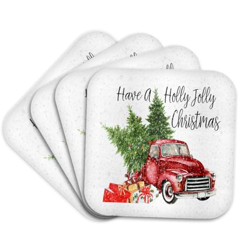 3dRose Have A Holly Jolly Christmas Red Truck with Christmas Trees Set of 4 Coasters - Soft