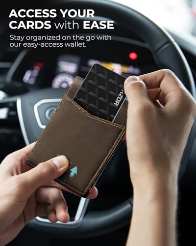 Image of LORZOR Mens Wallet with AirTag Holder, Bifold Full Grain Leather Minimalist Front Pocket RFID Blocking AirTag Wallet with ID Window Gift for Men, up to 12 Cards