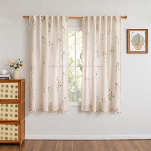 Image of MYSKY HOME Floral Boho Semi Sheer Linen Blend Farmhouse Curtains 84 Inches Long 2 Panels Set Spring Flower Printed Drapes with Tassels Back Tab Rod Pocket for Living Room Bedroom, 50 inch Wide, Pink