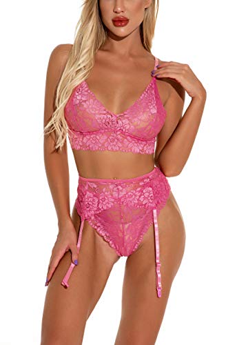 Evelure Damen-Dessous Sexy Spitze 4 Set Hot Lingerie Spitze Damen mit Spitze BH String String Fishnet Strapsgürtel Hosenträger Honigmond Urlaub Reisen L Cover