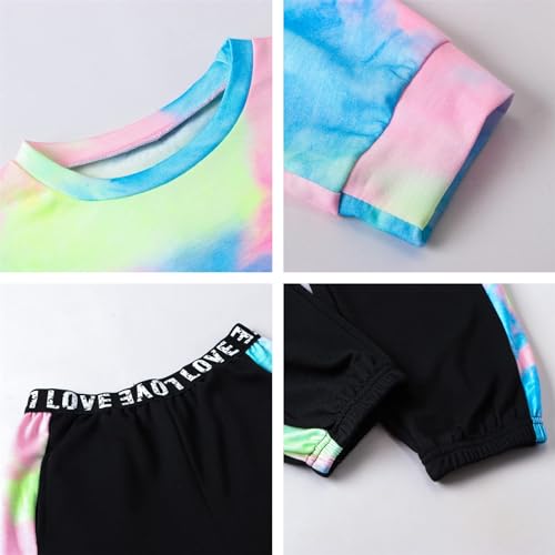 Image of Betusline Kids Clothes Girls, Trendy Tie Dye Print Long Sleeves Cropped Tops + Jogger Pants 2 Pcs Set Outfits for Teen Girl, Multicolored Black, 13-14 Years