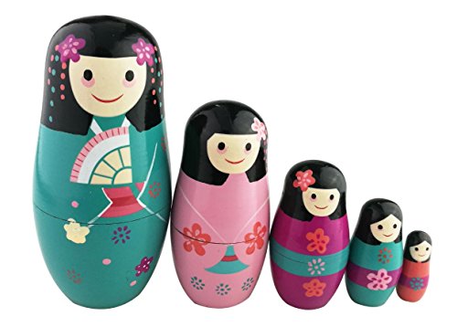 Winterworm Traditional Japanese Girls in Kimono Handmade Wooden Russian Nesting Dolls Matryoshka Dolls Set 5 Pieces for Kids Toy Birthday Home Decoration Collection