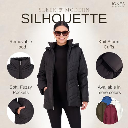 Jones NY Women's Puffer Jacket Zippered Removable Bungee Hood Womens Winter Coat, Black - Image 5