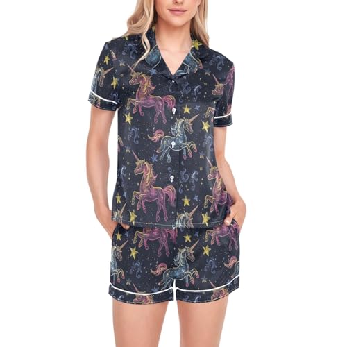 Pijama de satén para mujer conjunto dos piezas azul marino con pantalones cortos botones