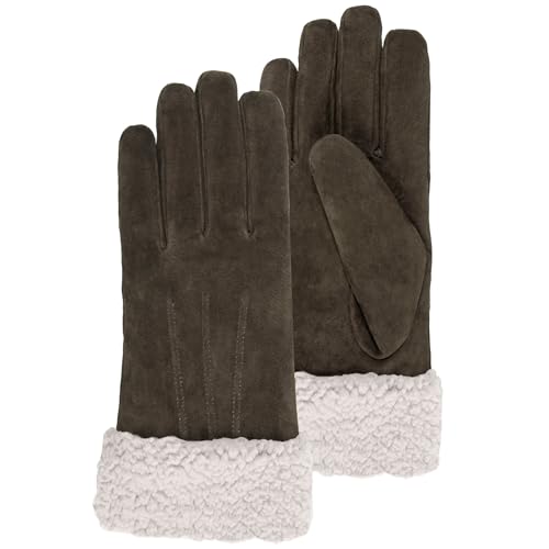 Isotoner Gants femme en cuir, doublés imitation fourrure, élégants, M, chocolat