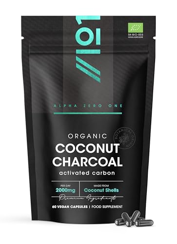 Organic Activated Coconut Charcoal 2000mg - 60 Capsules - from Thai Coconut Shells - Bloating & Gas Digestion & Flatulence Natural Relief Resealable and Recyclable Pouch by Alpha01