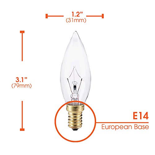 60W B9 Incandescent Clear Chandelier Light Bulb, Torpedo Tip, E14 European Base, 600 Lumens, Dimmable, 130V, (6 Pack) #TOP2