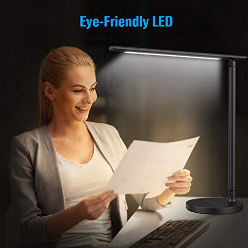 Pxwaxpy LED Desk Lamp, Multifunctional Eye-Caring Table Lamp with USB Charging Port, 4 Lighting Modes with 7 Brightness Levels 18W Touch Control Dimmable Office Lamp Foldable Reading Lamp with Adapter