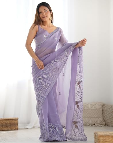 Image of SIRIL Women's Silk Blend Sequence Embroidery Saree With Unstitched Blouse Piece for Wedding and Parties