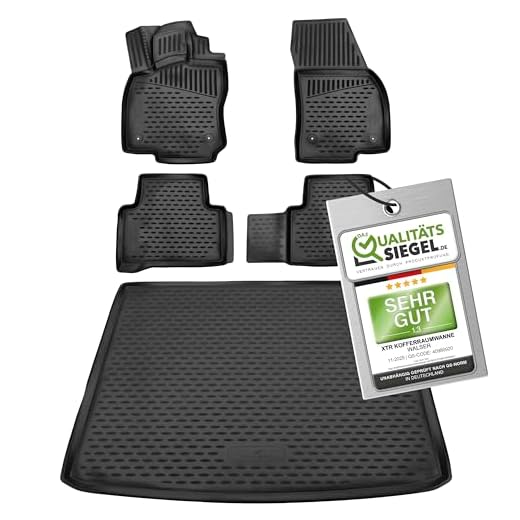 WALSER Kofferraumwanne & Gummi Fussmatten Set für VW Touran (5T1) 05/2015-Heute, 100% passgenaue Auto Fußmatten, Antirutschmatte PKW, Auto Gummimatten, Fussmatten Gummi
