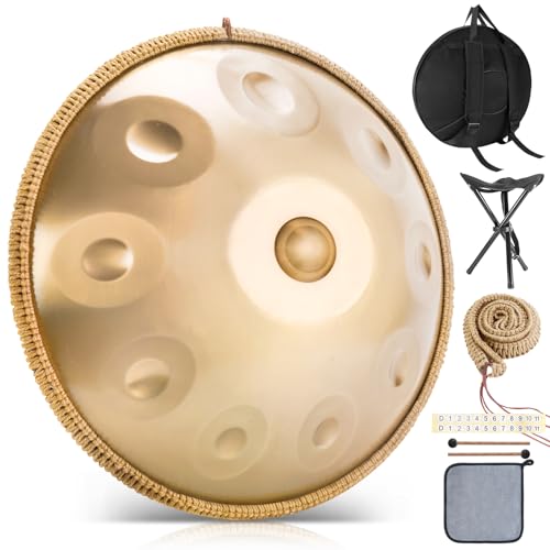 BIILOYY Handpan Instrument 440 Hz,10 Töne 22 Zoll Handpan Drum,Hand Pan in d-Moll,'Gold Performer' Zungentrommel mit Tasche,Schlägel,Ständer,für Anfänger,Profis,Musiktherapie (Gold, 10 Töne 440 Hz)