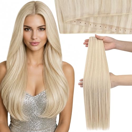 Image of Moresoo Butterfly Weft Hair Extensions Human Hair, Invisible Genius Weft, Ash Blonde with Blonde 20 Inch 50g, Add Volume, OVO PU Hole, Straight Soft Remy Hair, Simple Installation