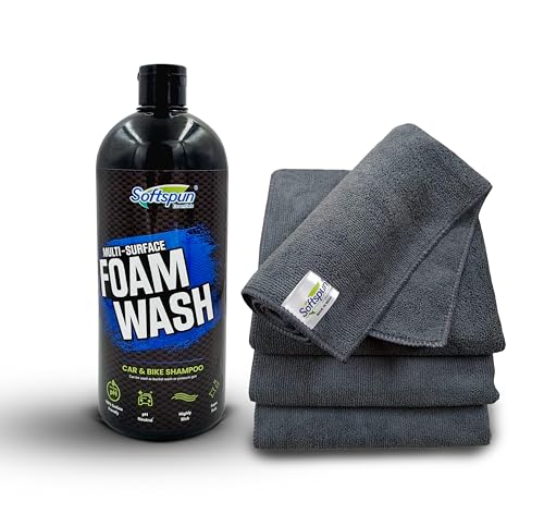 Image of SOFTSPUN Essentials 1 ltr Car shampoo combo 40x40cm 340gsm 4pcs Grey! Car & Bike Premium Liquid Shampoo Combo | Extra Suds, Removes Tough Dirt & Grime | pH Neutral | Works with Bucket &Foam Cannon.