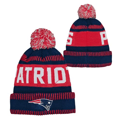 Outerstuff NFL Kids Youth 8-20 One Size Team Color Primary Logo Official Sports Tech Knit Cold Weather Football Pom Beanie Hat - New England Patriots