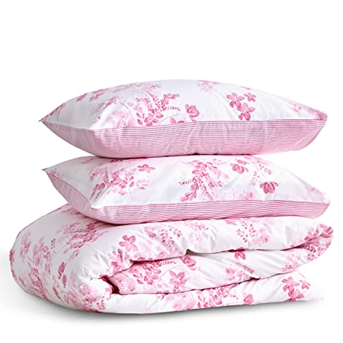 LERUUM Double Bed Duvet Cover Set Cotton Reversible Floral and Striped Pink Bedding Duvet Cover Sets White - Image 4