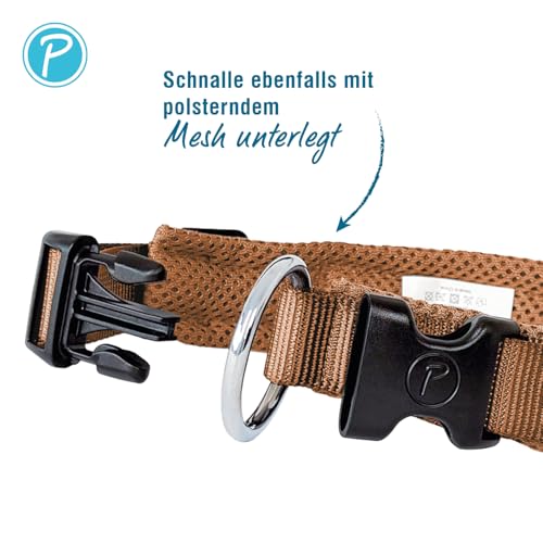 Petlando Hundehalsband atmungsaktiv aus weichem Mesh, stufenlos verstellbar, langlebig & robust, Farbe Cognac, Größe M (45-50 cm, Breite 4 cm), Halsband Hund gepolstert