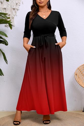 Image of Runwind Plus Size Dress for Women - 3 /4 Sleeve V Neck Maxi Dresses for Women (XL-6XL)