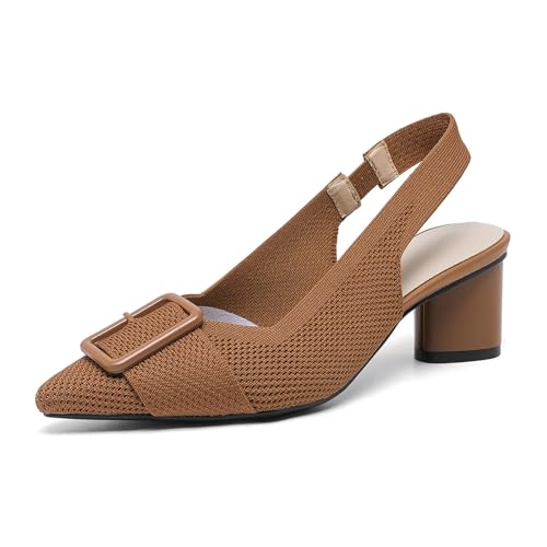 Women'S Knitted Elastic Strap Slingback chunky Heels Pumps Comfortable breathe Closed Pointed Toe mid block heel sandals Casual Party Dress Work Office Heels