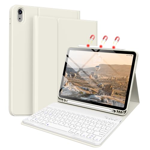 BQDIYOO Case with Keyboard Available in Multiple Styles and Colors Case for iPad Air 7th/6th 11' M3/M2 & 10.9 'Air 5th 4th Gen with Keyboard,Cover with Pencil Holder, Auto Sleep/Wake,Cream White