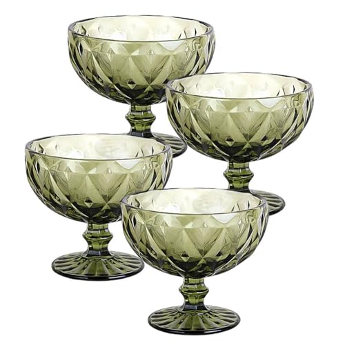 STP GOODS Smokey Glass Dessert and Ice Cream Bowl with Lines Set of 4 (Green)