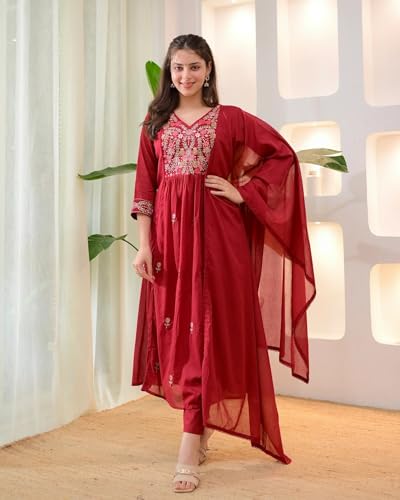 Image of KLOSIA Women Embroidery Solid Anarkali Kurta and Pant Set with Dupatta