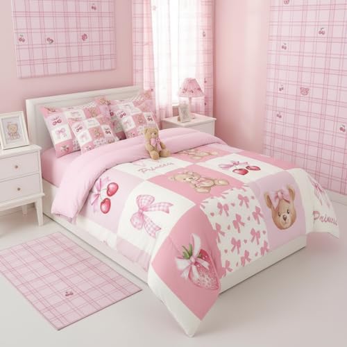 Manfei Pink Bow 7 Pieces Bedding Set Queen,Kawaii Bear Toy Animal Bow-tie Beige Pink Bed in a Bag for Teens,Cherry Strawberry Bowknot Plaids Patchwork Comforter Set with Sheets,Pillow Covers by Manfei - Used condition - US$77.61