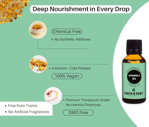 Image of Earth N Pure Vitamin E Oil for Skin & Hair | 100% Pure & Natural Tocopherol Oil | Face Moisturizer, Deep Skin Hydration, Dark Spots, Scars, Nails, Scalp & DIY Skincare | 15ml
