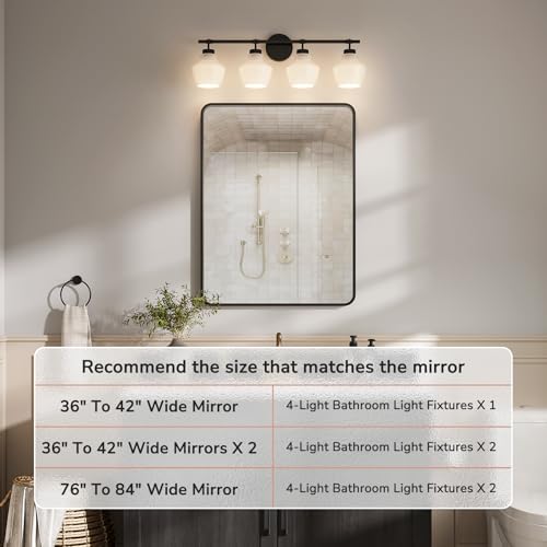Image of USHOWER 4-Light Bathroom Light Fixtures, Vanity Lights with White Frosted Glass Shades, Modern Black Vanity Lights for Bathroom, Mirror, Living Room, Bedroom, Hallway, E26 Base (Bulbs Not Included)