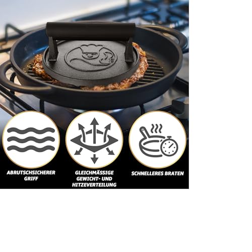 Foto von Gourmet Easy Burgerpresse Gusseisen antihaft | Großer Burger Smasher (Ø15cm) mit hitzeabweisendem Griff | Fleischbeschwerer für schmackhafte Hamburger & Smash Burger | Smash burgerpresse | Smasher