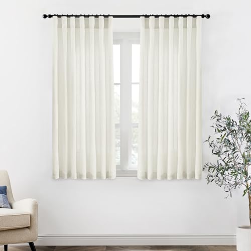Image of XTMYI Bathroom Window Curtains Short,Linen Cotton Sheer Boho Farmhouse Kitchen Curtains 45 Inch Length,Cream Ivory
