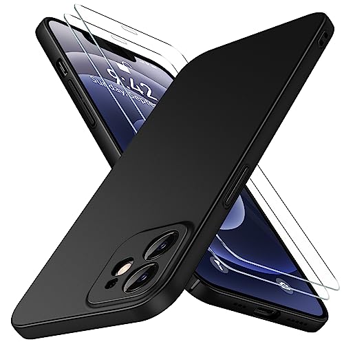 Natiiozie Ultra Dünn Kameraschutz Handyhülle Kompatibel mit iPhone 12 Hülle mit 2 Stück Schutzfolie, Hart Slim Leicht Matte Hülle Kratzfeste Anti-Fingerabdruck Schutzhülle - Schwarz