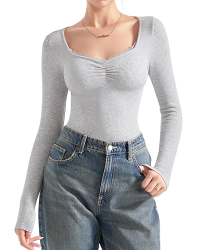 Image of SUUKSESS Women Sweetheart V Neck Long Sleeve Tops Lace Trim Ribbed Modal Fall Going Out Shirts
