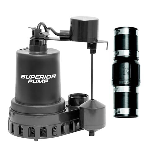 Superior Pump 92057 1/2 HP Thermoplastic Submersible Sump Pump with Vertical Float Switch, plus 1-1/2-Inch Rubber Boot Check Valve