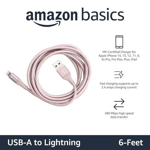 Amazon Basics USB-A to Lightning Charger Cable, Nylon Braided Cord, MFi Certified for Apple iPhone 14 13 12 11 X Xs Pro, Pro Max, Plus, iPad, 10,000 Bend Lifespan, High Speed Transfer, 6ft, Rose Gold - image 2