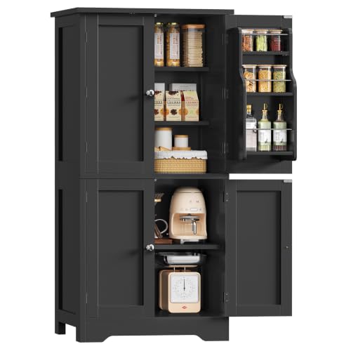 Image of TEENFON 51 inch H Pantry Cabinet with 4 Doors, Kitchen Cabinet with 6 Door Shelves, Kitchen Pantry for Living Room, Dining Room, Bathroom, Black