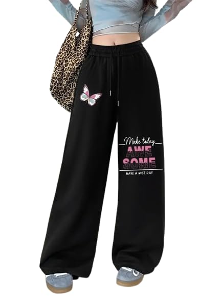 Women's Oversized Baggy Trousers | Wide Leg High Waist Drawstring Cotton Blend Streetwear Pants | Graphic Printed Relaxed Fit Joggers | Casual Korean Style Lounge Wear for Girls & Women | Black-picture-29