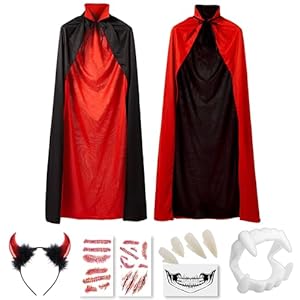 Halloween Vampir Umhang Erwachsene mit Kragen, Cape Vampir Kostüm Schwarz Rot Doppelseitig für Halloween Karneval Cosplay mit Teufel hörner, Temporäre Tattoos und Dentures