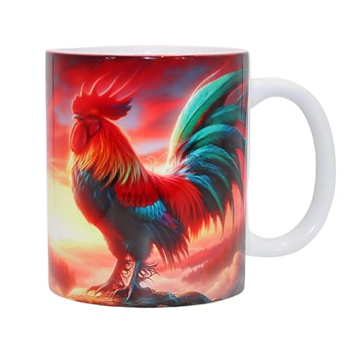 Shopi Zone Tasse en céramique avec motif coq au lever du soleil - Art coloré en 3D - Tasse originale pour les amoureux des animaux et du café