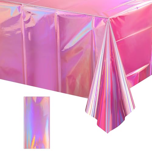 Image of 1 Pack Iridescent Pink Plastic Tablecloths, FunnyPars Shiny Disposable Laser Rectangle Table Covers, Holographic Foil Tablecloth Iridescent Party Decorations for Kpop Birthday Wedding Xmas, 54x108Inch