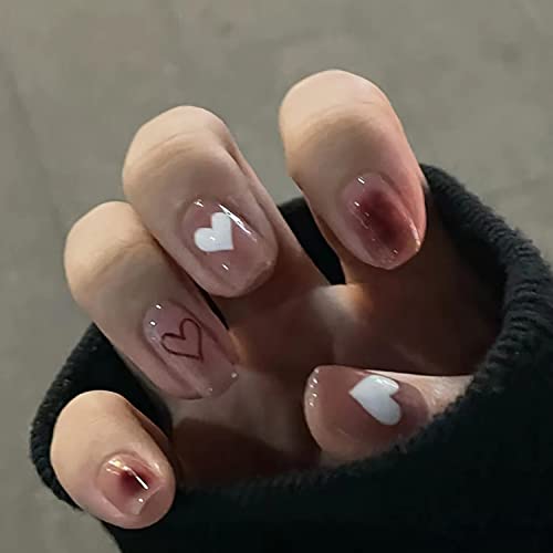 24 Pcs Valentine's Day Press on Nails Medium Length Square Fake Nails White Valentine's Day Love Design Acrylic Coffee Color Full Cover False Nails for Women