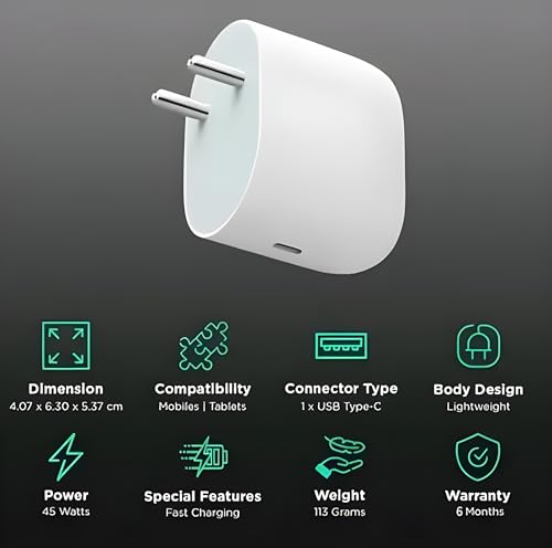 Image of MAK 45W Quick Charge 3.1A Wall Charger with Detachable Type C to Type C Cable, Fast Charging Adapter Compatible with Android Smartphones, iPhone 15 /16 Series, Tablets, Laptops, and Other USB-C Devices