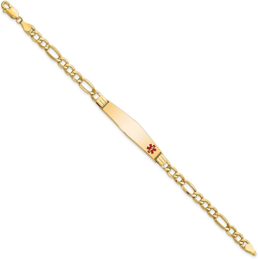 JewelryWeb 9mm 14k Yellow Gold Medical Soft Diamond Shape Red Enamel ID W Semi-solid Figaro Bracelet Identification Bracelet for Women