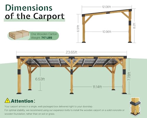 Image of Jocisland 12x24x8.2 FT Cedar Wood Carport for 2 Cars, Heavy Duty Canopy Carport with Sloped Galvanized Steel Roof for All Weather, Permanent Shelter for Full-Sized Pickup Truck, Boat & Tractor