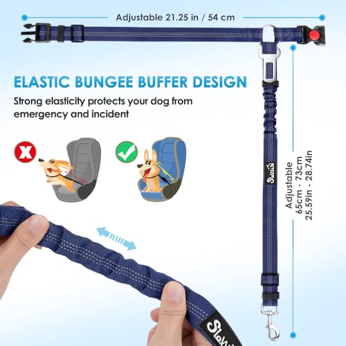 Image of SlowTon Dog Seat Belt for Car, 2 Pack Dog Car Harness Seatbelt with Bungee | 2 in 1 Pet Car Leash Headrest Restraint & Dog Safety Tether Clip, Adjustable with Elastic Buffer, Reflective, Blue M /L