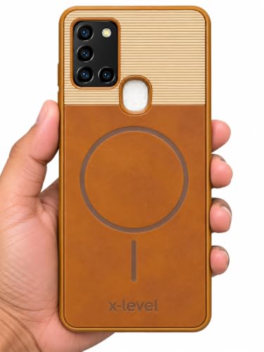 Image of Bintage Dual-Leather Mac Safe Design Phone Case| Soft Touch Finish | Full Camera Protectection Back Cover Compatible for Samsung A21s 4G / SM-A217F - White & Nut Brown
