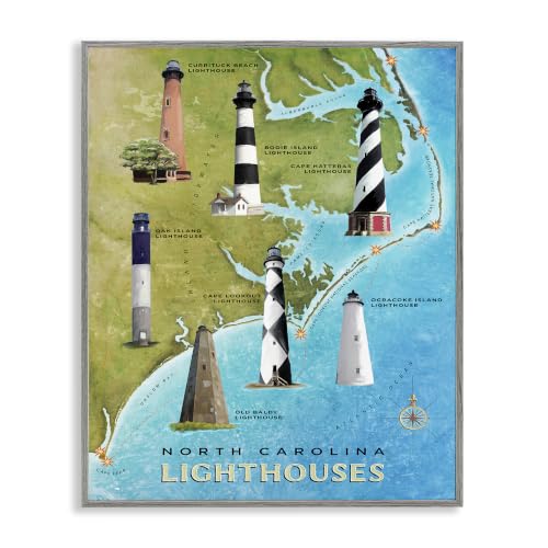 North Carolina Lighthouse Map, 11 x 14 Inch Framed Giclée Print
