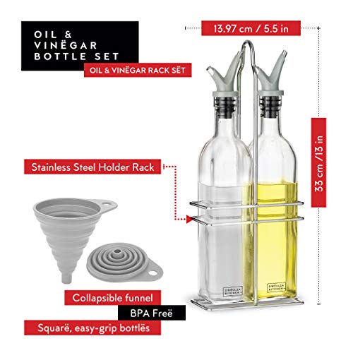 DWËLLZA KITCHEN Oil and Vinegar Dispenser Set - Olive Oil Dispenser Bottles for Kitchen - with Two Extra Drip Free Spouts and Funnel - 17 Oz 500 ML Glass Bottle Containers with Stainless Steel Rack