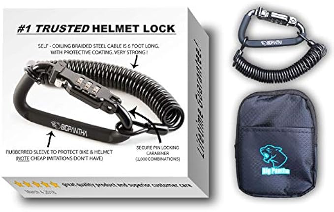 Motorcycle Helmet Lock & Cable. Sleek Black Tough Combination PIN Locking Carabiner Device Secures Your Motorbike, Bicycle or Scooter Crash Hat (and Jacket) to Your Bike.